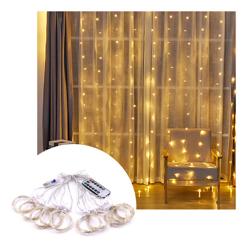 Luces LED decorativas tipo cortina serie 200, modelo USB 8, color blanco cálido