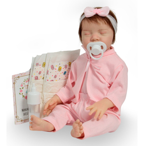 Boneca Reborn 100% Vinil Fio A Fio Pijama Rosa Kit Itens