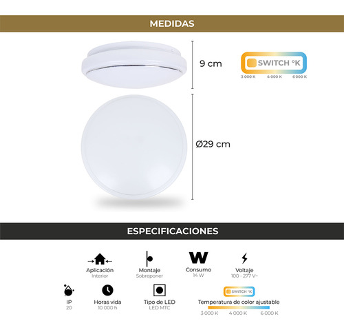 Lámpara Led Moon 14w Color Blanco Temperatura Ajustable 3000k 4000k 6000k 1120 Lm Ángulo 120° Montaje En Techo Ideal Para Oficinas, Hoteles Y Comercios - Moderna Y Eficiente Illux Tl-6014.bmtc