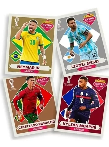 KIT 16 FIGURINHAS EXTRA LEGENDS/LENDÁRIAS NEYMAR,MESSI,MBAPPÉ,CR7