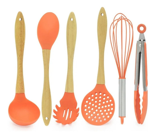 Kit Utensílios Cozinha Silicone Cabo De Madeira Escumadeira