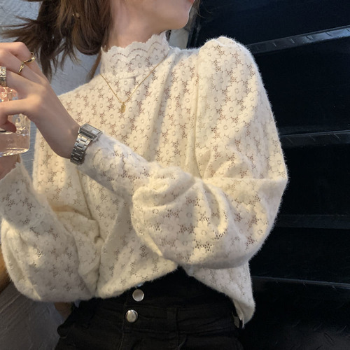 Top De Manga Larga Ajustado Con Cuello Alto Y Encaje Para Mu