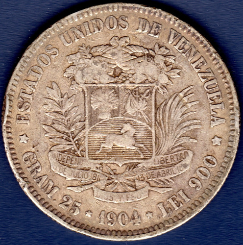 Moneda Fuerte De Plata De 5 Bolívares De 1904