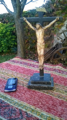 Antiguo Cristo Crucifijo Madera Estucado Siglo Xix Imagen 