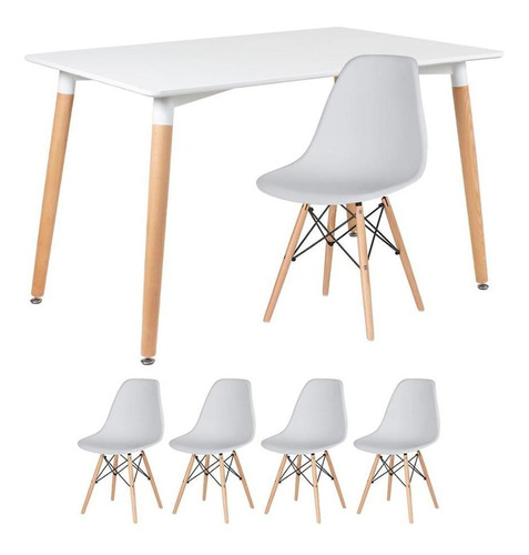 Kit Mesa Jantar Eames Retangular 120 X 80 Cm 4 Cadeiras Dsw Cor da tampa Mesa branco com cadeiras cinza claro