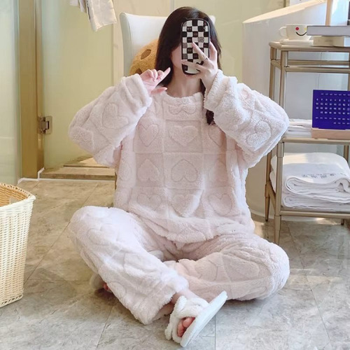 Pijama Peluche Polar Trama Corazones Mujer 2 Piezas Invierno