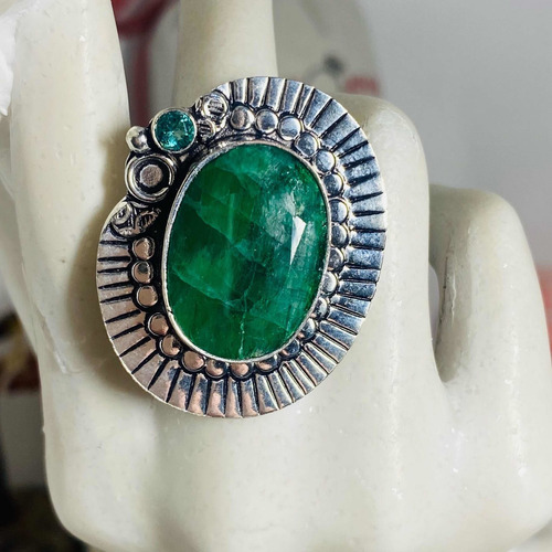 Imagen 2 de 8 de Anillo Plata India Esmeralda Facetada Y Topacio Azul N15- Ae