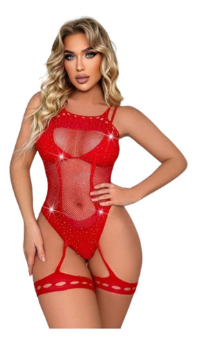 Body Malla Sexy Rojo Brillante Lenceria Portaliga