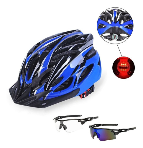 Casco De Bicicleta Con Luz Trasera Led + 2 Gafas De Montar Color Azul Talla Universal