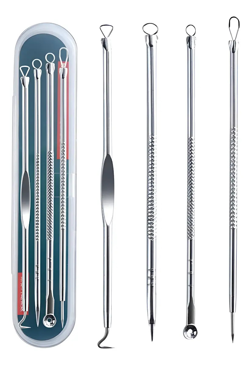 Cureta de Metal para Acne Aço Inoxidável Kit 4 Extrator Espinha Cravos