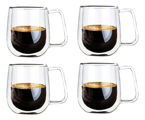 Pack X 4 Taza De Vidrio Doble Pared  Con Asa Té Café 250 Ml