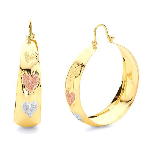 Pendientes Aro En Oro Tricolor 14k Grabado Corazón (20mm)