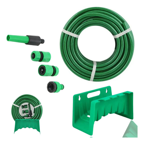 Manguera Plástica 20m Con Soporte Incluido Para Almacenar Color Verde