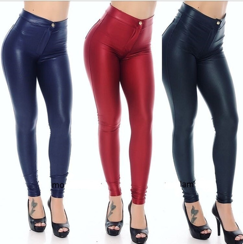 Calça Legging Montaria Bolsos Disco Pants Em Couro Fake 