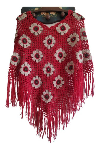 Poncho A Crochet 100% Lana Rojo Flor Beige