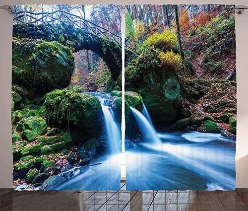 Cortinas De Paisaje De Ambesonne, Cascada Fluye Bajo Un Pue