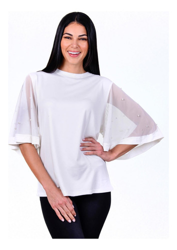 Al1475 Blusa Strech Con Mangas Traslucidas Con Perlas Fresca