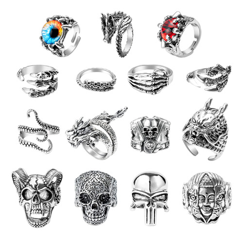 Pantide Juego De 15 Anillos Vintage Punk, Anillos Ajustables