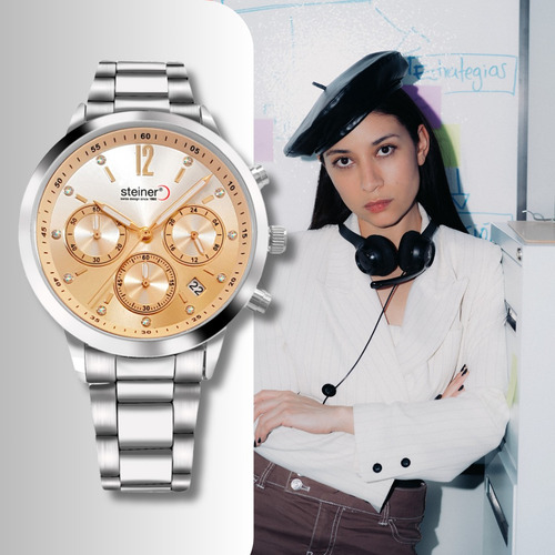 Reloj Análogo Extensible Acero Inox. Subesferas 3atm Dama Correa Plateado Bisel Plateado Fondo Dorado