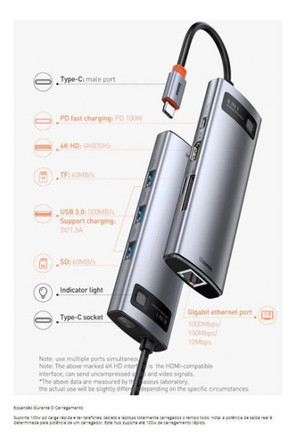 Hub Usb-c Baseus 8 Em 1 Dockstation Hdmi 4k Usb 3.0 Sd 100w