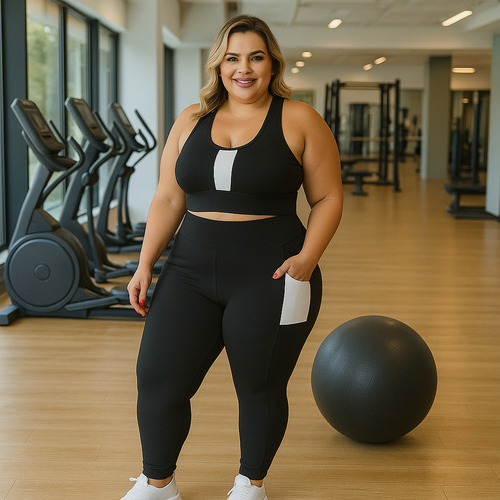 Conjunto De Academia Plus Size Top E Calça Fitness Com Bolso