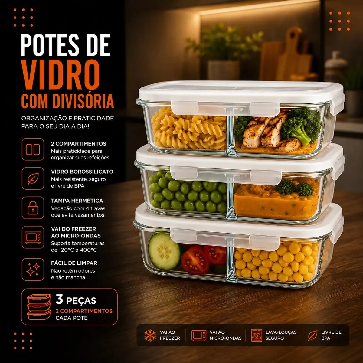 Kit 3 Potes De Vidro Com Divisória Herméticos Retangulares 640ml Com Tampa De 4 Travas Vedação Antivazamento Para Marmitas Freezer  Micro-Ondas Forno Sem Tampa Lava-Louças Organização Casa - Hold On