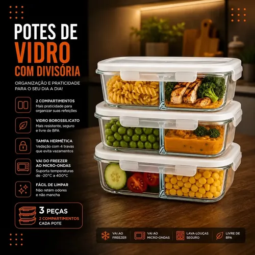 Kit 3 Potes De Vidro Com Divisoria Hermeticos Retangulares 640ml Com Tampa De 4 Travas Vedacao Antivazamento Para Marmitas Freezer Micro Ondas Forno