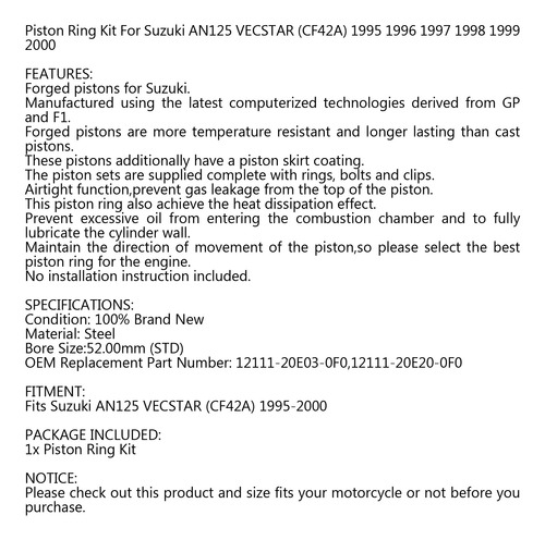 Kit Anillo Pistón Para Suzuki An125 Vecstar (cf42a) 52mm