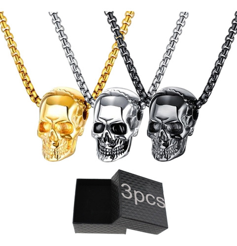 3pcs Collar Cadena Cráneo Calavera Muerte Acero Inoxidable