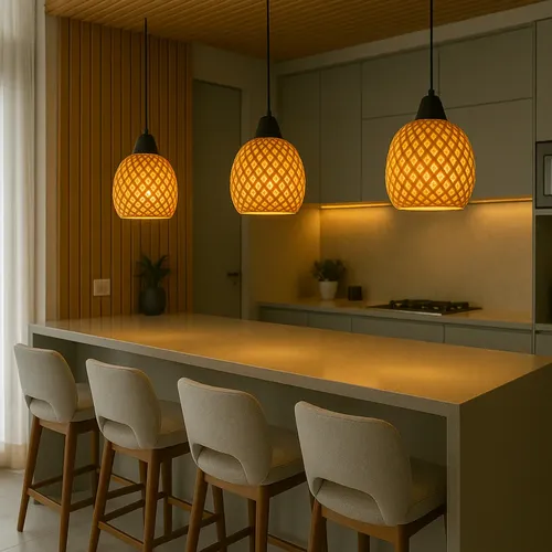 Lustre Pendente Bambu Rústico Pequeno Natural Redondo Led