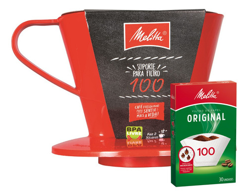 Melitta Porta Filtro Grande #100 + 30 Filtros Papel Color Rojo