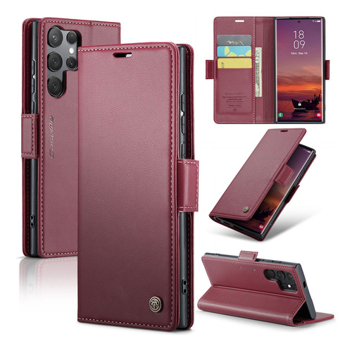 Funda Para Teléfono Samsung S25 Ultra Series, Color Vino, Ranura Para Tarjetas, Funda Tipo Cartera