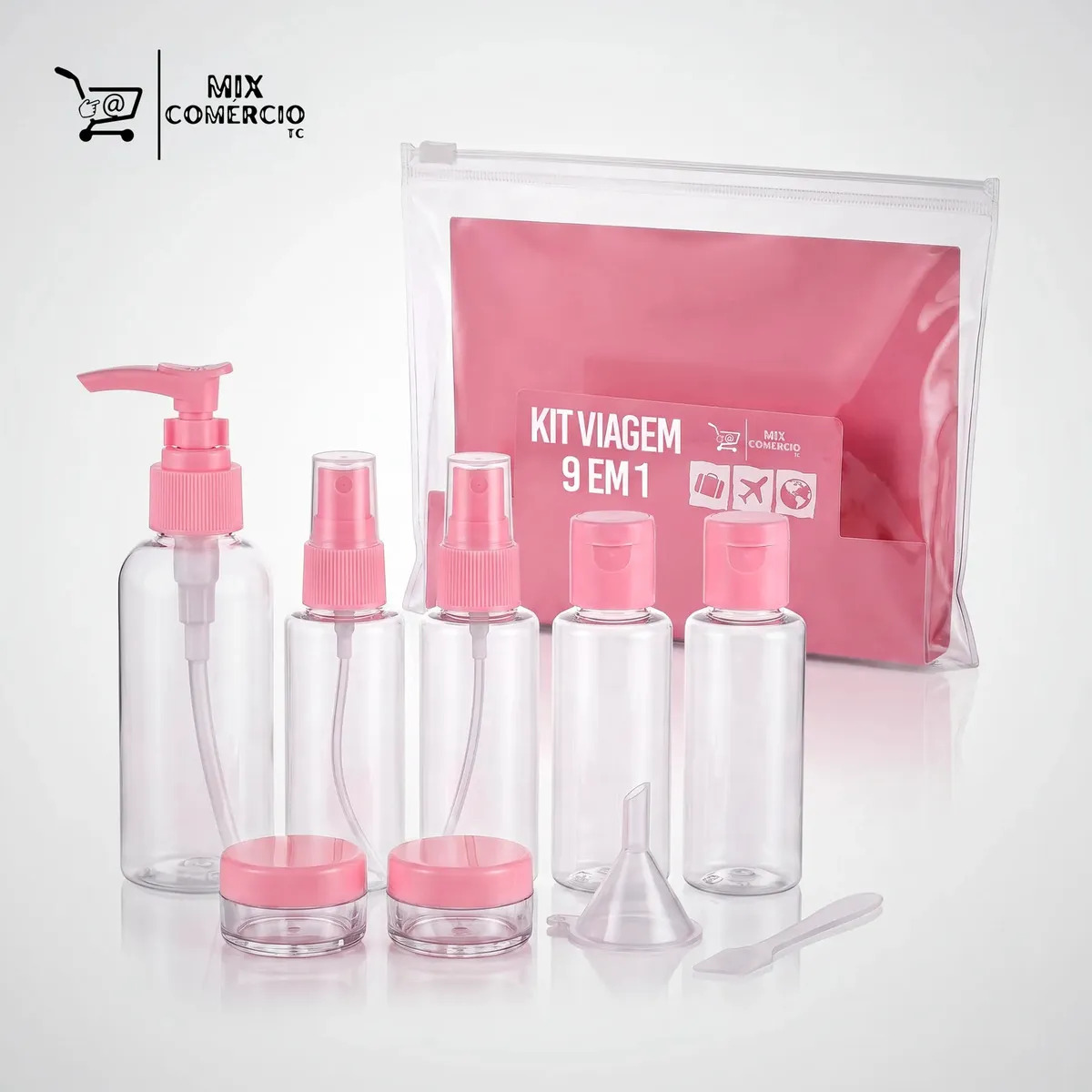 Kit Viagem Frascos 9 Peças Necessaire Cosméticos Shampoo Creme Pote Para Mala Praia Camping Viagens Nacionais E Internacionais Multiuso Cor Rosa