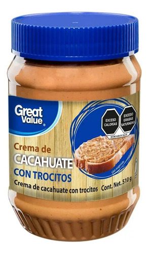 2 Pzas Crema De Cacahuate Great Value Con Trocitos 510 G