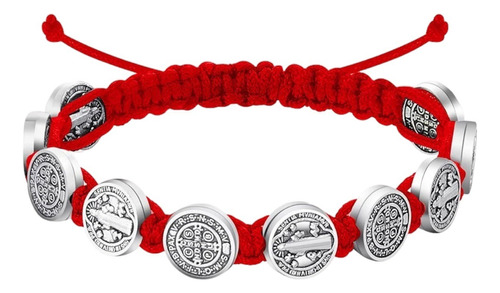 Pulsera San Benito Protector Hilo Rojo 10 Medallas