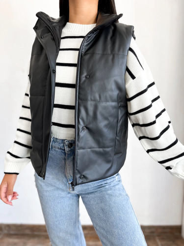 Chaleco Símil Cuero Acolchado, Bolsillo Estilo Y Abrigo