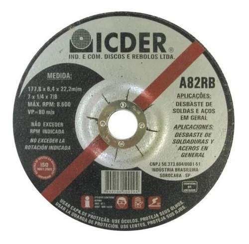 Disco De Desbaste 7 X 1/4 X 7/8 A82rb Icder 5 Peças
