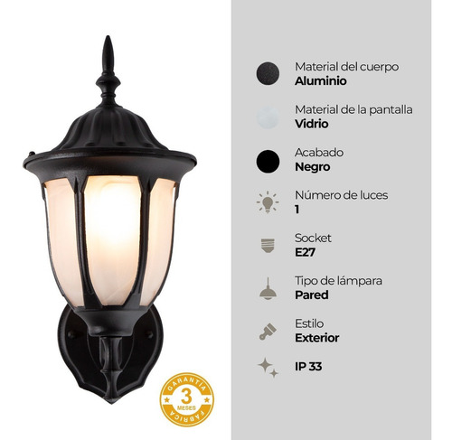 Farol Pared Moderno Negro 1 Luz E27 60w