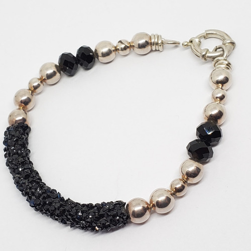 Imagen 2 de 6 de Pulsera Plata Cristal Swa Negro Y Bolitas De Onix X 20 Cm