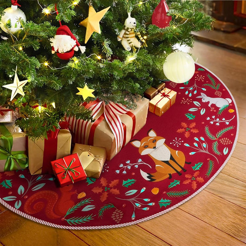Falda De Arbol Navidad Animales Del Bosque Roja Rustica Multicolor