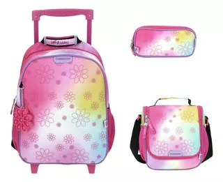 Kit De Mochila Lonchera Y Lapicera Happy Girl Flores Rosa Kinder Con Carro Vs1674