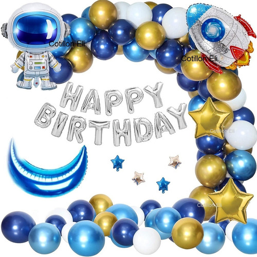 Set Globos Cumple Espacial Astronauta Cohete Luna Grandes