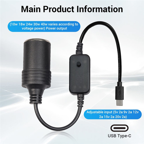 Convertidor Usb/type-c De 5v A 12v Enchufe Cigarrillos Coche