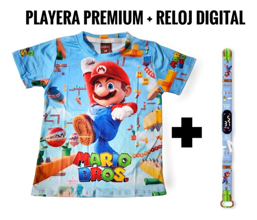 Playera Mario Bros Premium Mas Reloj Digital De Regalo Niños