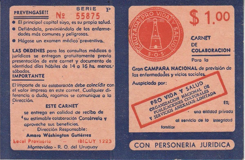 Uruguay Carnet Colaboracion Cruzada Pro Vida Y Salud Raro