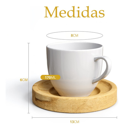 Jogo 6 Xicaras Porcelana Cafe Chá Com Pires Madeira 12 Peças