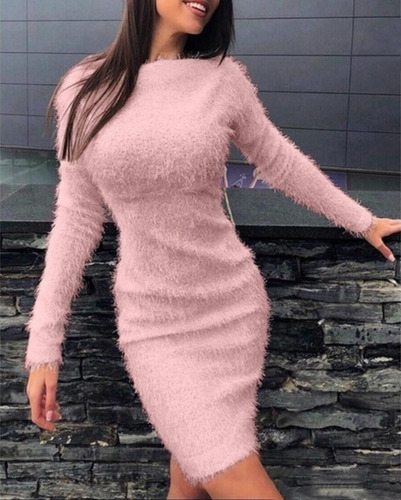 Otoño Invierno Mujer Felpa Sexy Manga Larga Vestido