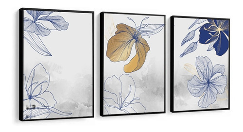 Quadros Decorativos Flores Tons Azul Moderno P/ Sala Quarto