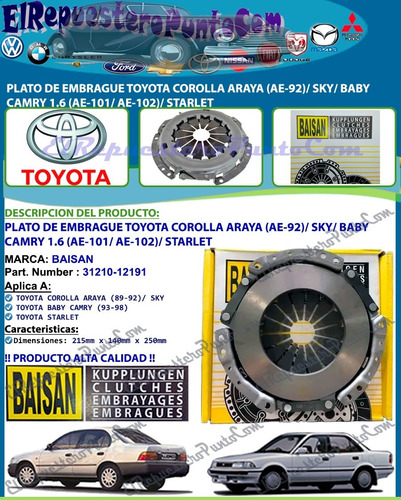 Plato Embrague Toyota Corolla Araya Sky Baby Camry Starlet