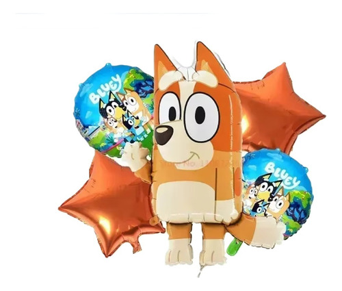 Set De 5 Globos Metalizados Bluey Y Bingo (bingo) Nuevo Naranja Bingo